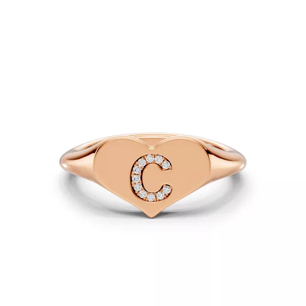 Heart Pavé Lab Diamond Initial Signet Ring - C