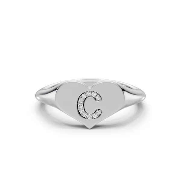 Heart Pavé Diamond Initial Signet Ring - C