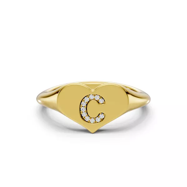 Heart Pavé Lab Diamond Initial Signet Ring - C