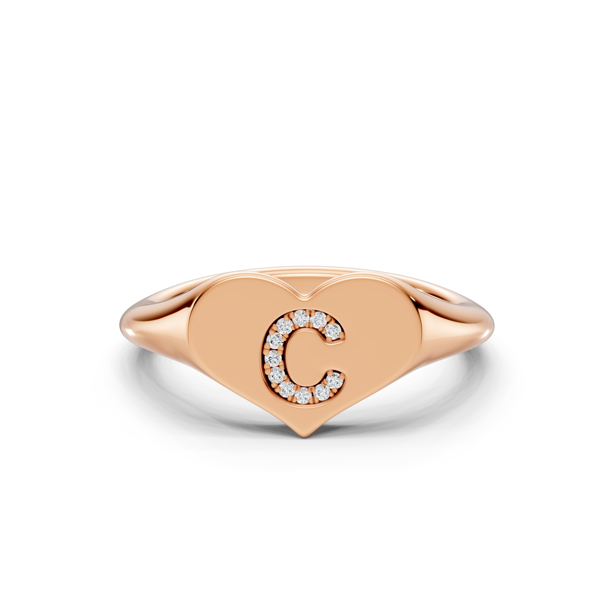Heart Pavé Diamond Initial Signet Ring - C