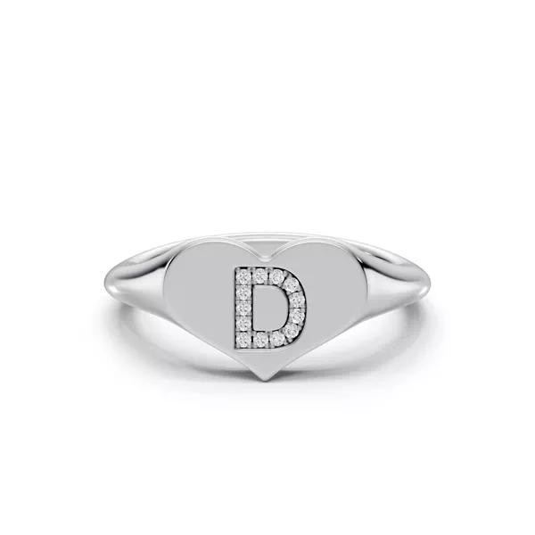 Heart Pavé Diamond Initial Signet Ring - D