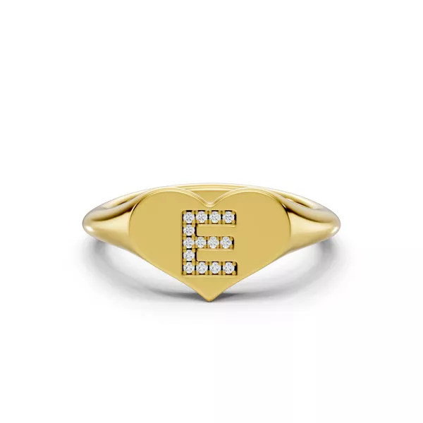 Heart Pavé Diamond Initial Signet Ring - E