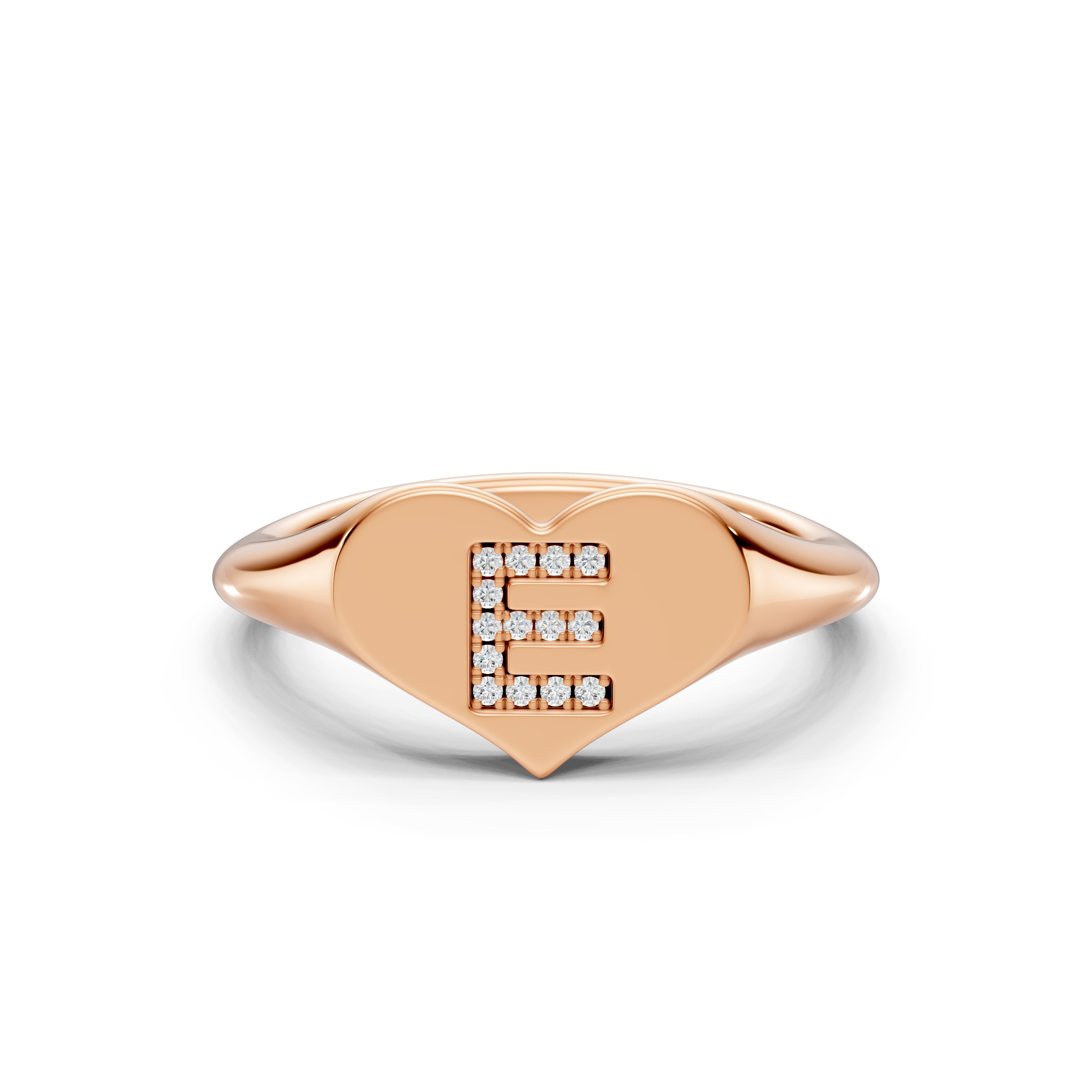 Heart Pavé Diamond Initial Signet Ring - E