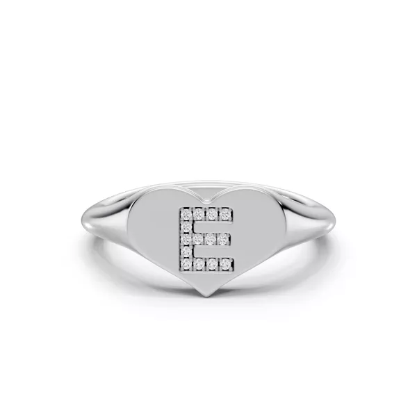 Heart Pavé Lab Diamond Initial Signet Silver Ring - E