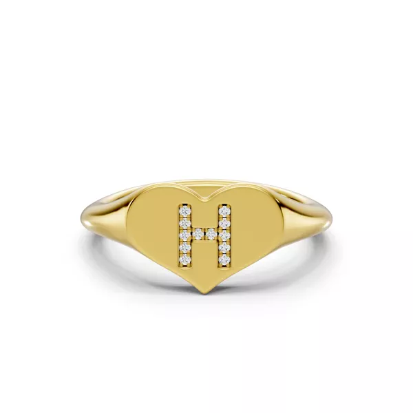 Heart Pavé Diamond Initial Signet Ring - H