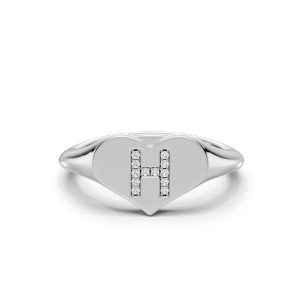 Heart Pavé Lab Diamond Initial Signet Silver Ring - H