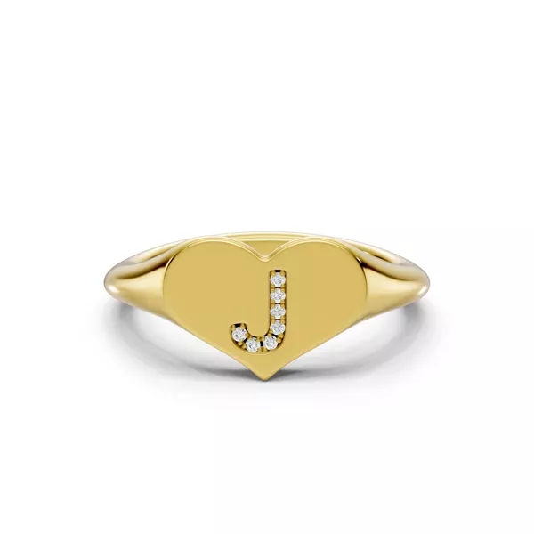 Heart Pavé Diamond Initial Signet Ring - J