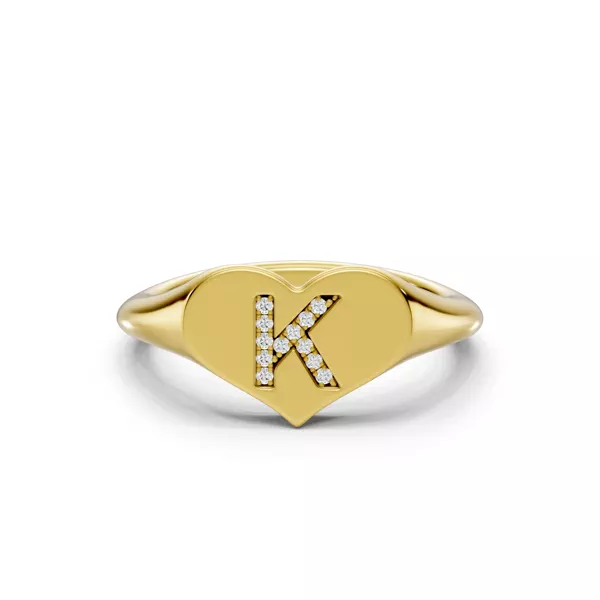 Heart Pavé Diamond Initial Signet Ring - K