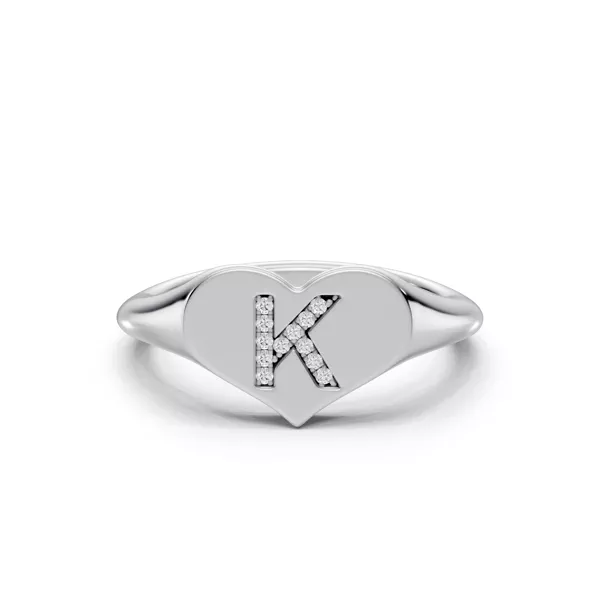 Heart Pavé Lab Diamond Initial Signet Silver Ring - K