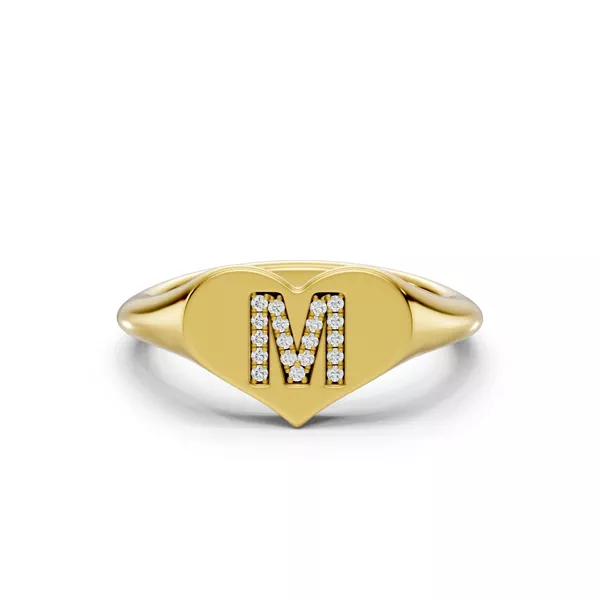 Heart Pavé Diamond Initial Signet Ring - M