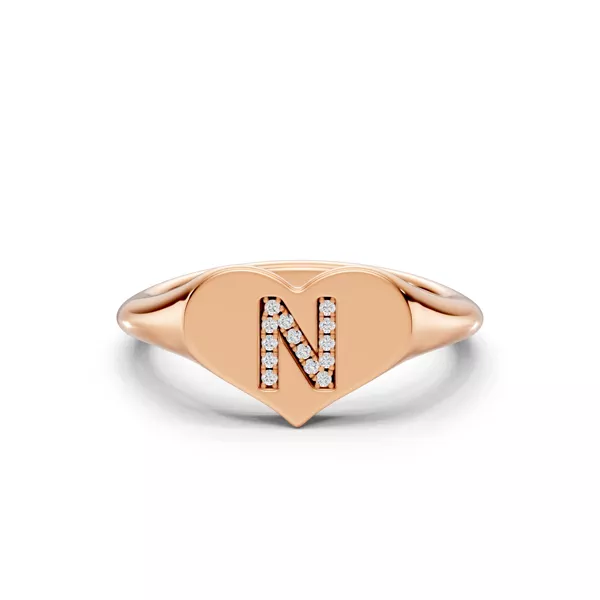 Heart Pavé Diamond Initial Signet Ring - N