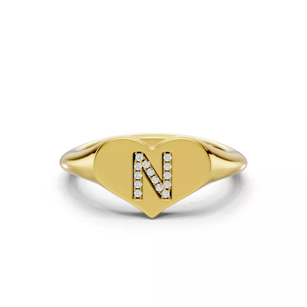 Heart Pavé Diamond Initial Signet Ring - N
