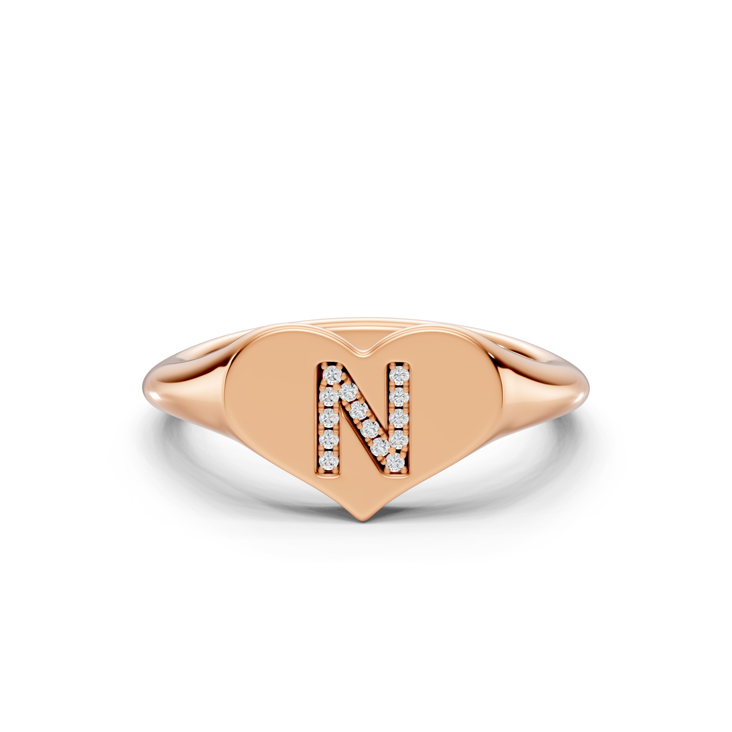 Heart Pavé Diamond Initial Signet Ring - N