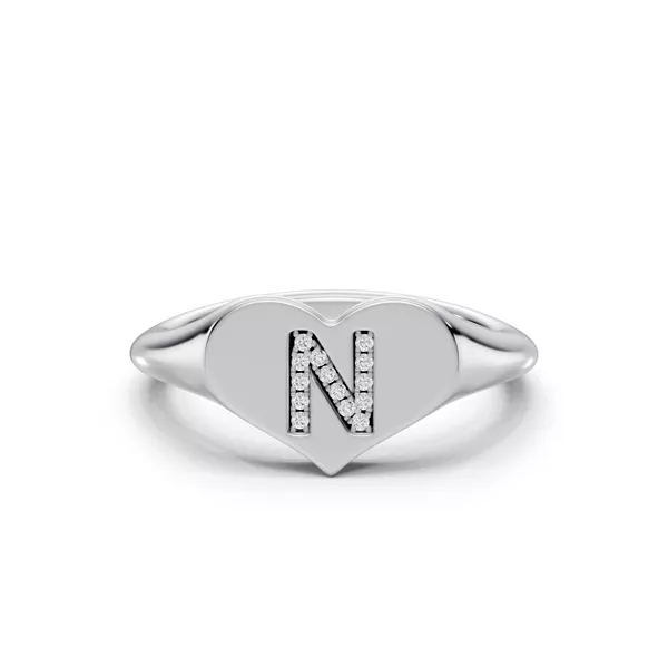 Heart Pavé Diamond Initial Signet Silver Ring - N