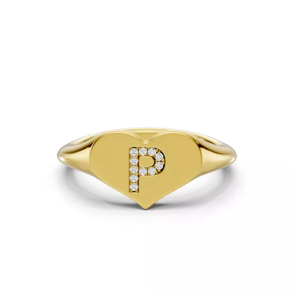 Heart Pavé Diamond Initial Signet Ring - P