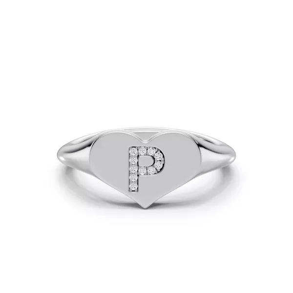 Heart Pavé Lab Diamond Initial Signet Silver Ring - P