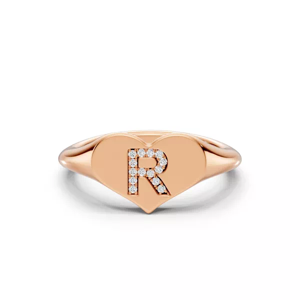 Heart Pavé Diamond Initial Signet Ring - R