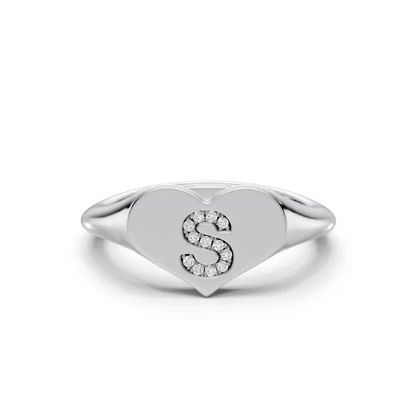 Heart Pavé Diamond Initial Signet Silver Ring - S