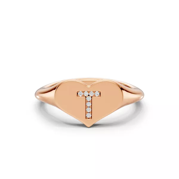 Heart Pavé Diamond Initial Signet Ring - T