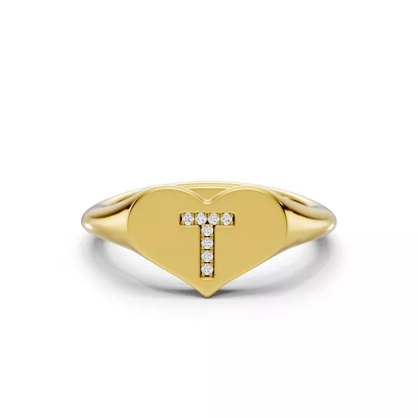 Heart Pavé Lab Diamond Initial Signet Ring - T