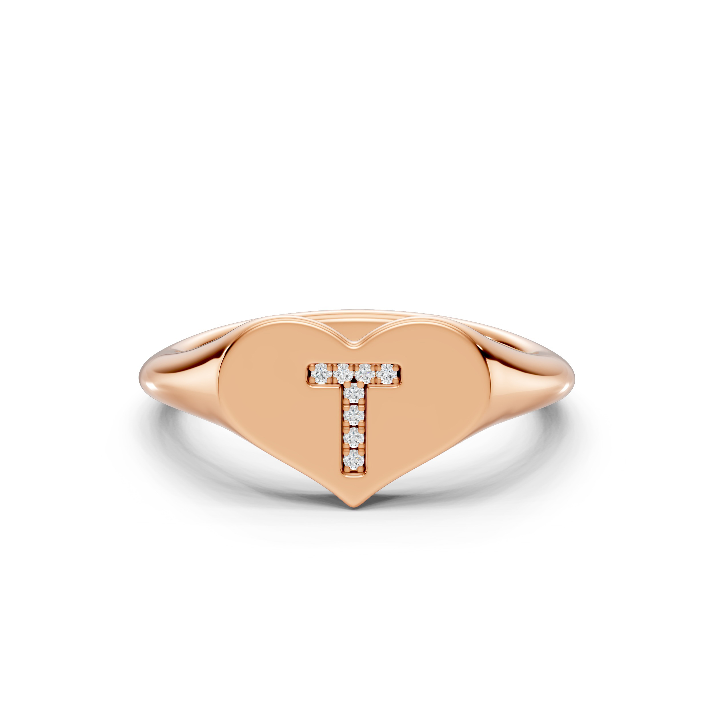 Heart Pavé Diamond Initial Signet Ring - T