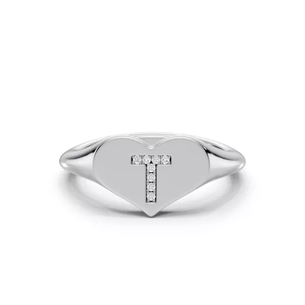 Heart Pavé Lab Diamond Initial Signet Ring - T