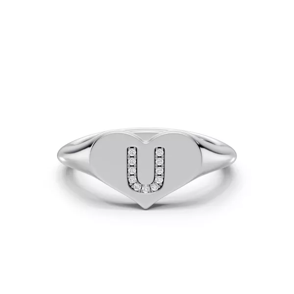 Heart Pavé Diamond Initial Signet Ring - U