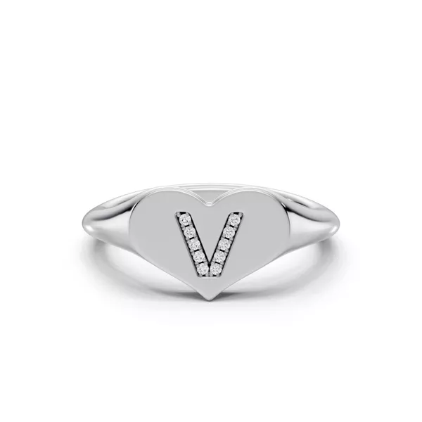Heart Pavé Lab Diamond Initial Signet Ring - V