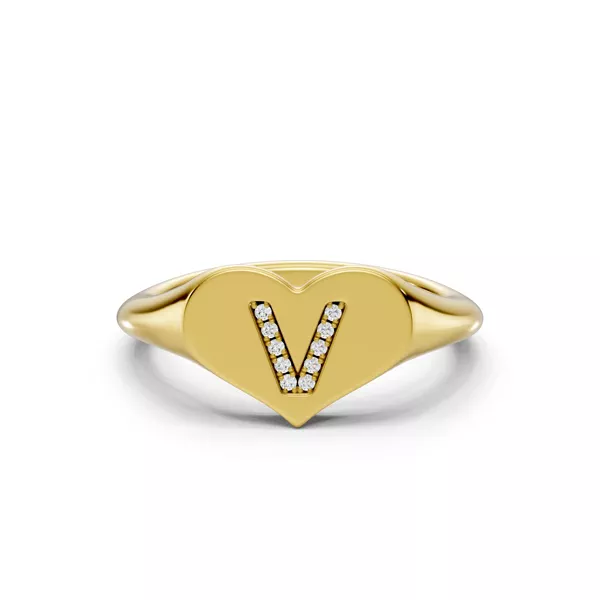 Heart Pavé Diamond Initial Signet Ring - V