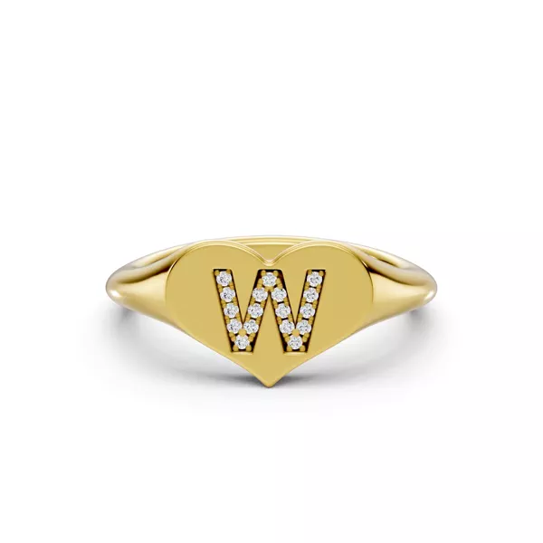 Heart Pavé Diamond Initial Signet Ring - W