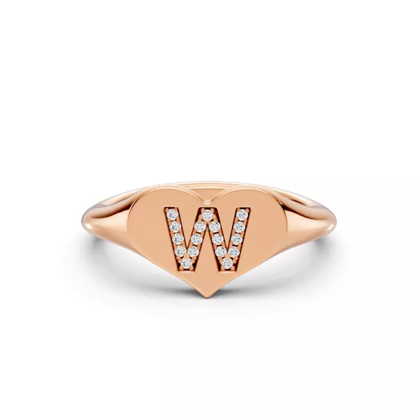Heart Pavé Diamond Initial Signet Ring - W