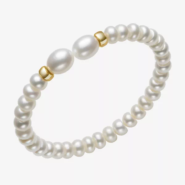 White Freshwater Button Pearl Stretch Bracelet with Gold Beads (6–7 mm)
