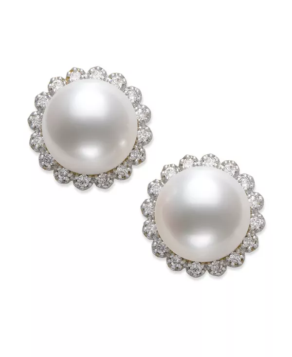 Freshwater Pearl Diamond Halo Stud Earrings (7-8mm)