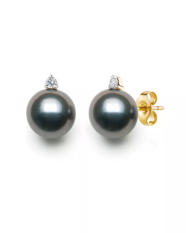 Tahitian Black Pearl & Lab Diamond Stud Earrings (8-9mm)