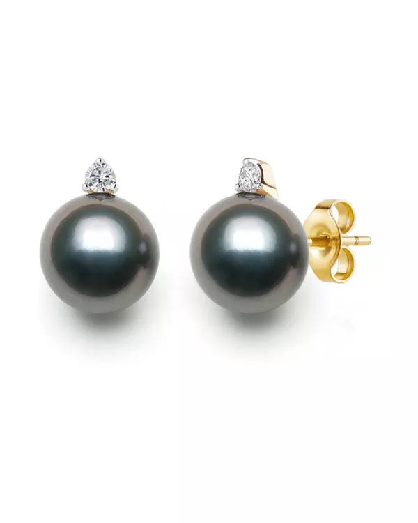 Tahitian Black Pearl & Lab Diamond Stud Earrings (9-10mm)