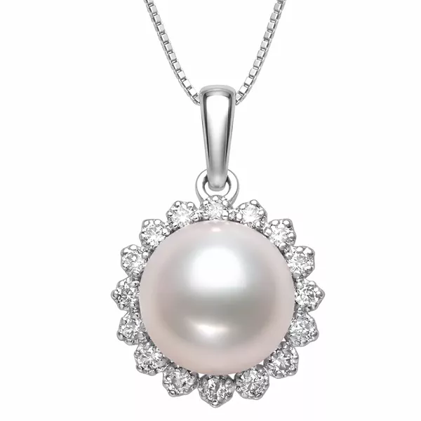 Freshwater Pearl Diamond Halo Necklace (7-8mm)