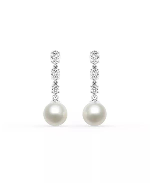 Graduated Oval Lab Diamond & Freshwater Pearl Drop Earrings