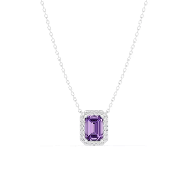 Halo Emerald-Cut Amethyst Silver Necklace