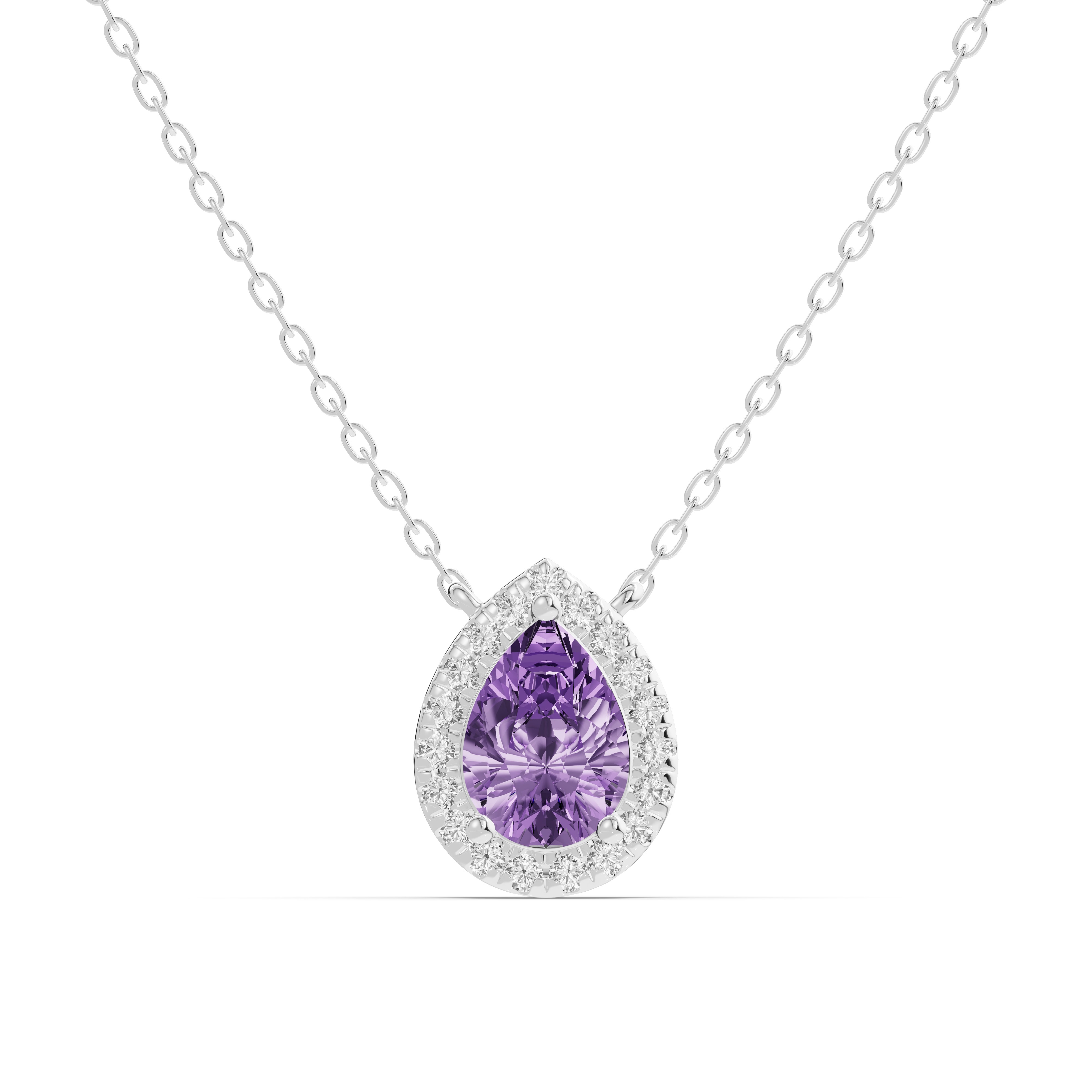 Pear Amethyst Lab Diamond Halo Pendant