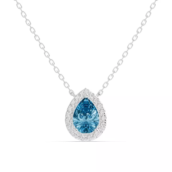 Pear Blue Topaz Lab Diamond Halo Pendant