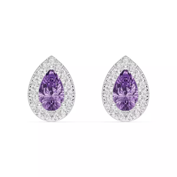 Pear Amethyst Lab Diamond Halo Earrings