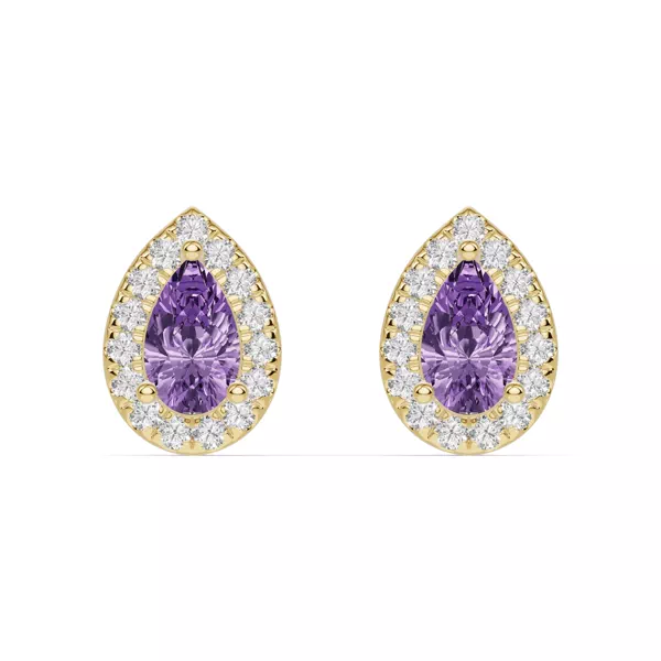 Pear Amethyst Lab Diamond Halo Earrings