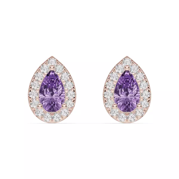 Pear Amethyst Lab Diamond Halo Earrings