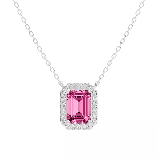 Emerald Pink Tourmaline Lab Diamond Halo Pendant