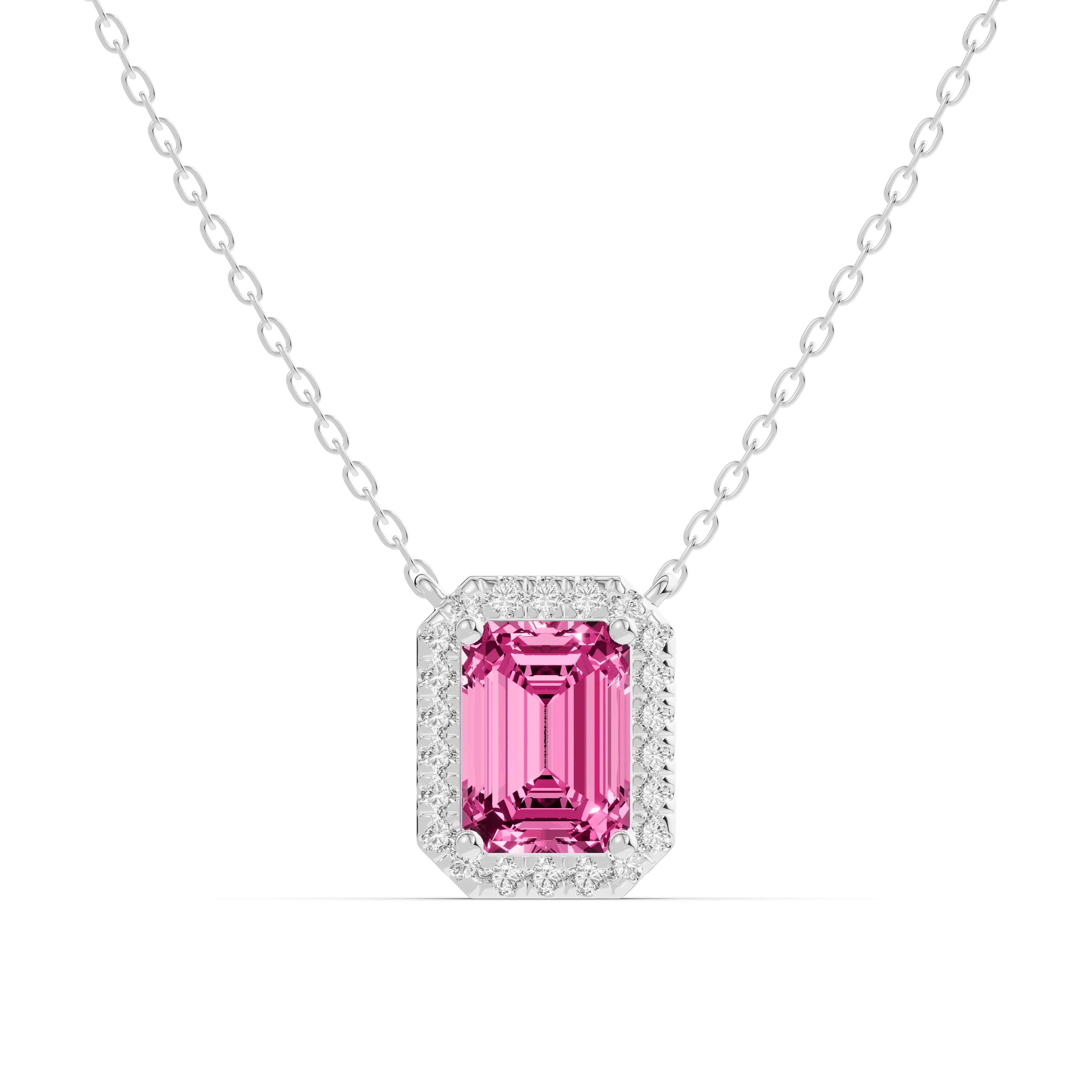 Emerald Pink Tourmaline Lab Diamond Halo Pendant