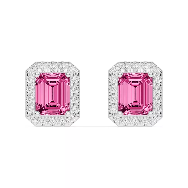 Emerald Pink Tourmaline Lab Diamond Halo Earrings
