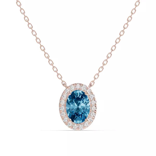 Oval Blue Topaz Lab Diamond Halo Pendant
