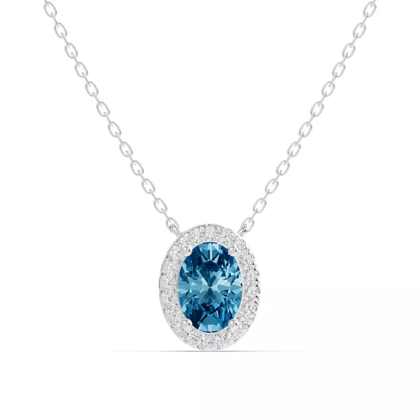 Oval Blue Topaz Lab Diamond Halo Pendant