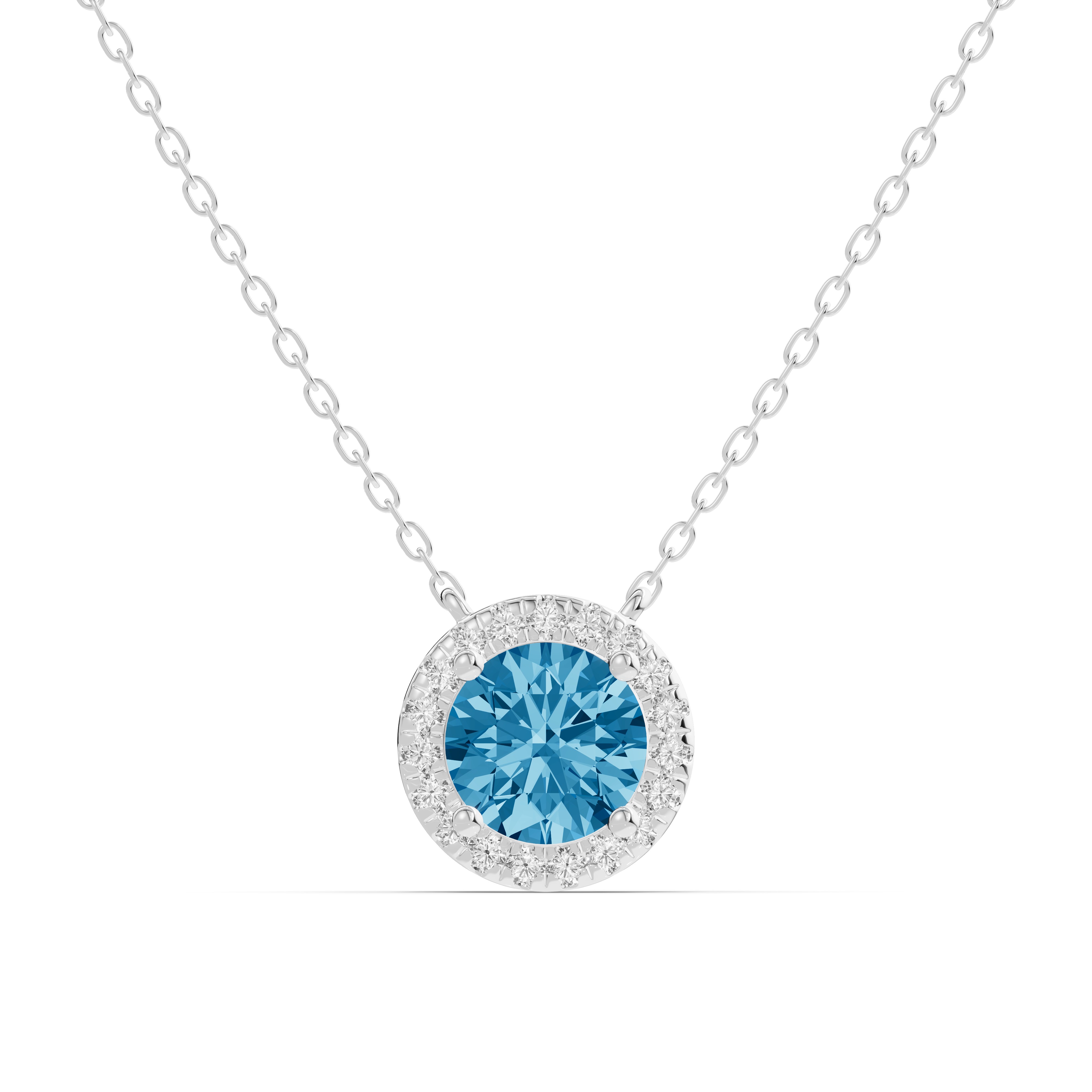 Round Blue Topaz Lab Diamond Halo Pendant