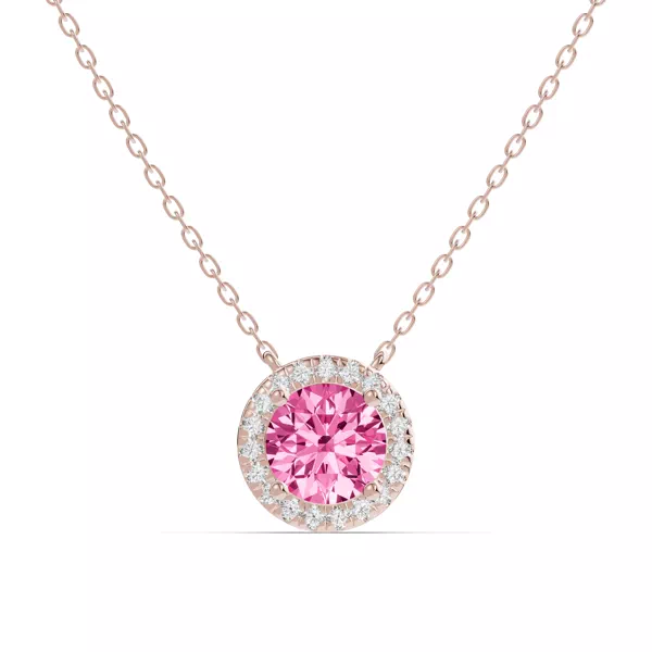 Round Pink Tourmaline Lab Diamond Halo Pendant